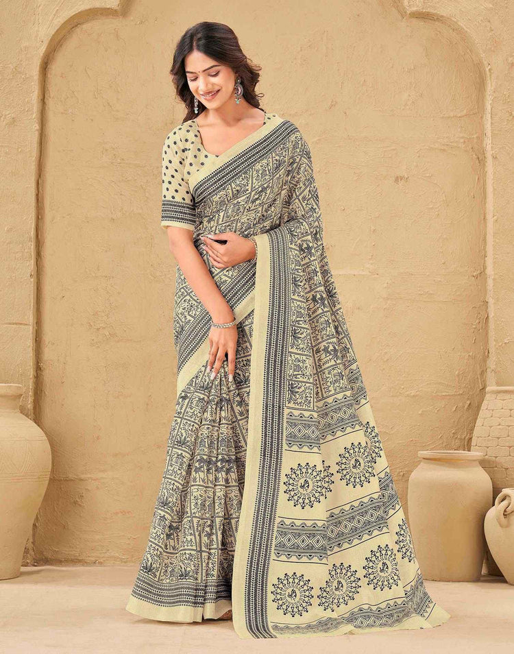 Beige Khadi Printed Saree
