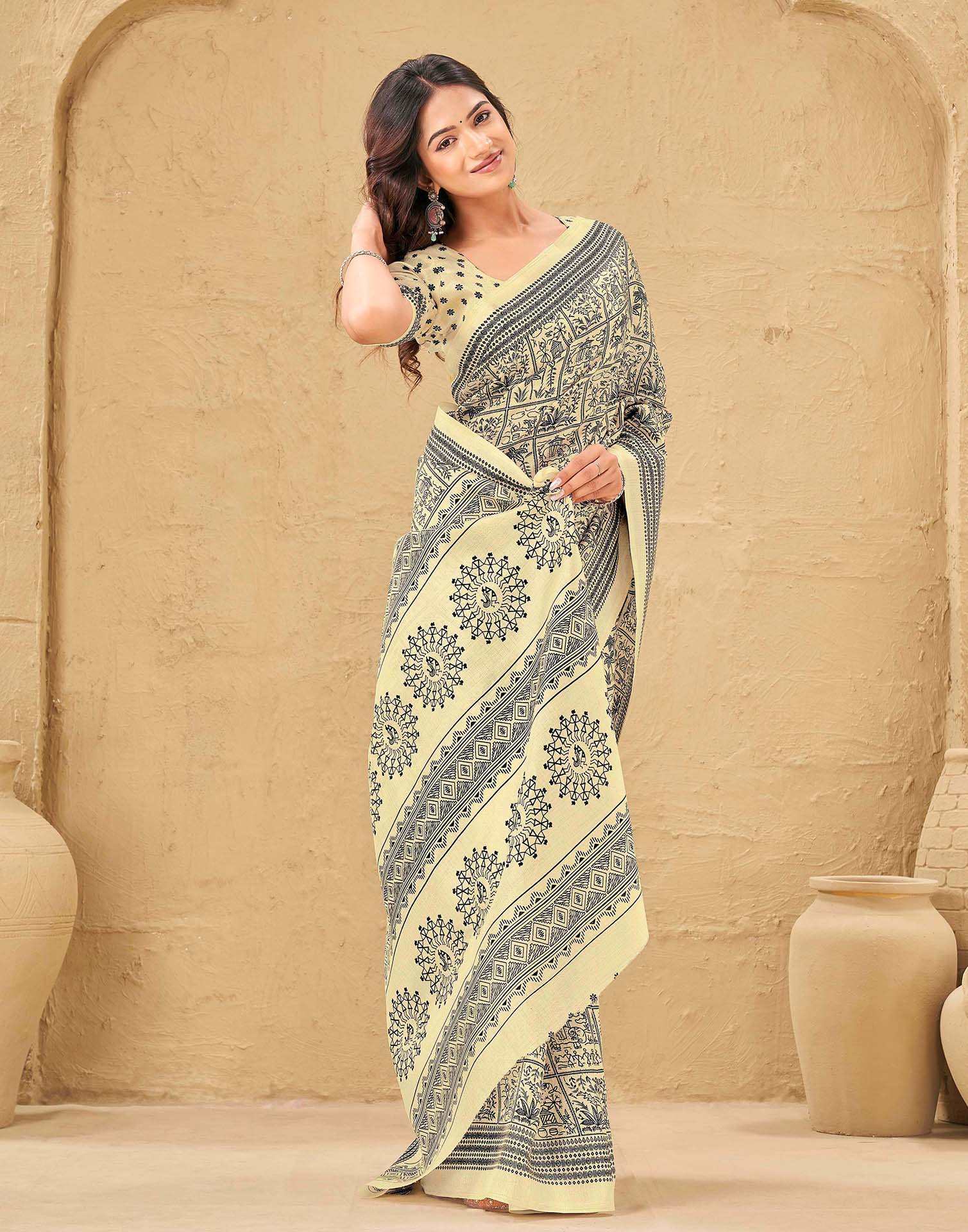 Beige Khadi Printed Saree