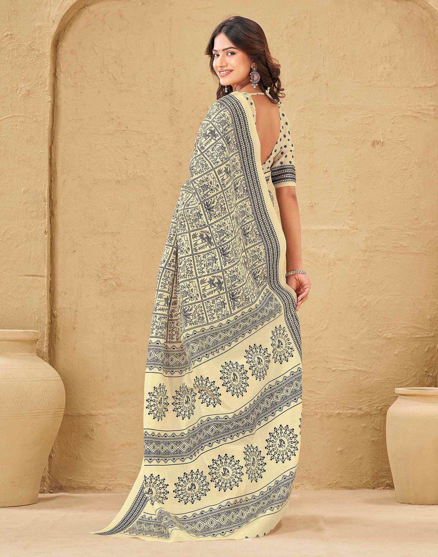 Beige Khadi Printed Saree