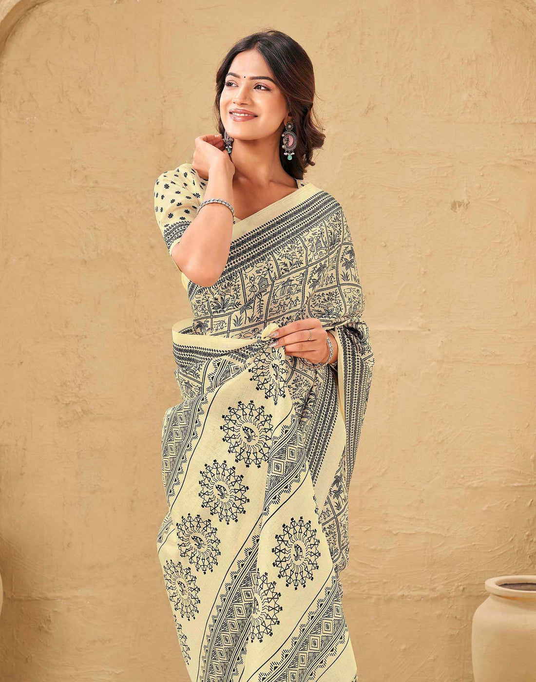 Beige Khadi Printed Saree