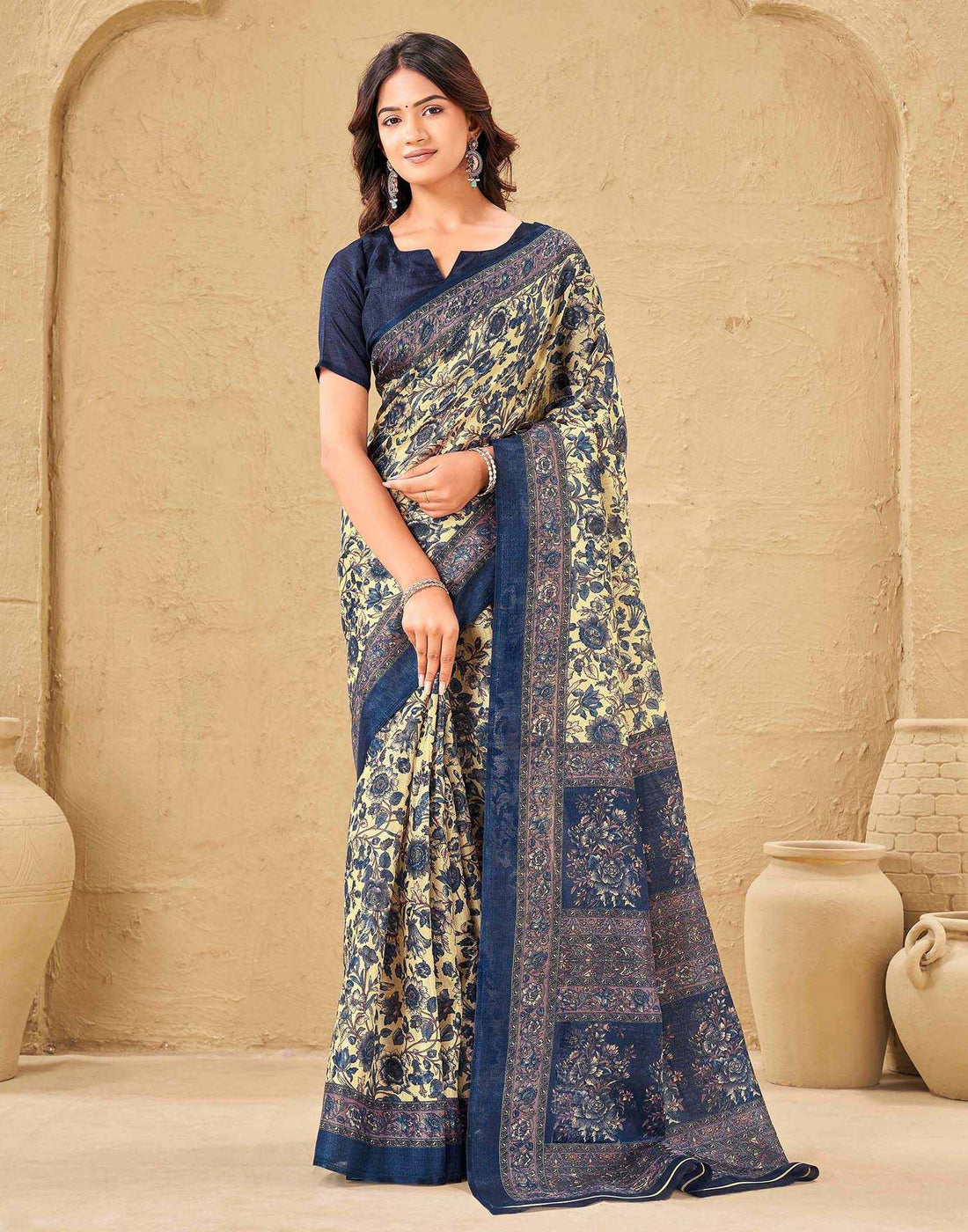 Dark Beige Khadi Floral Printed Saree