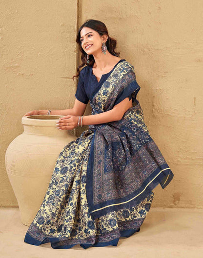 Dark Beige Khadi Floral Printed Saree