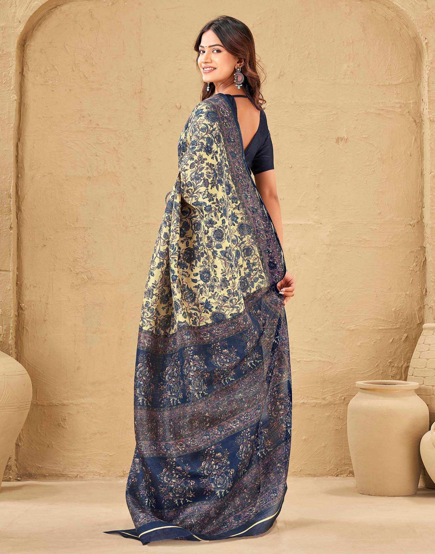 Dark Beige Khadi Floral Printed Saree