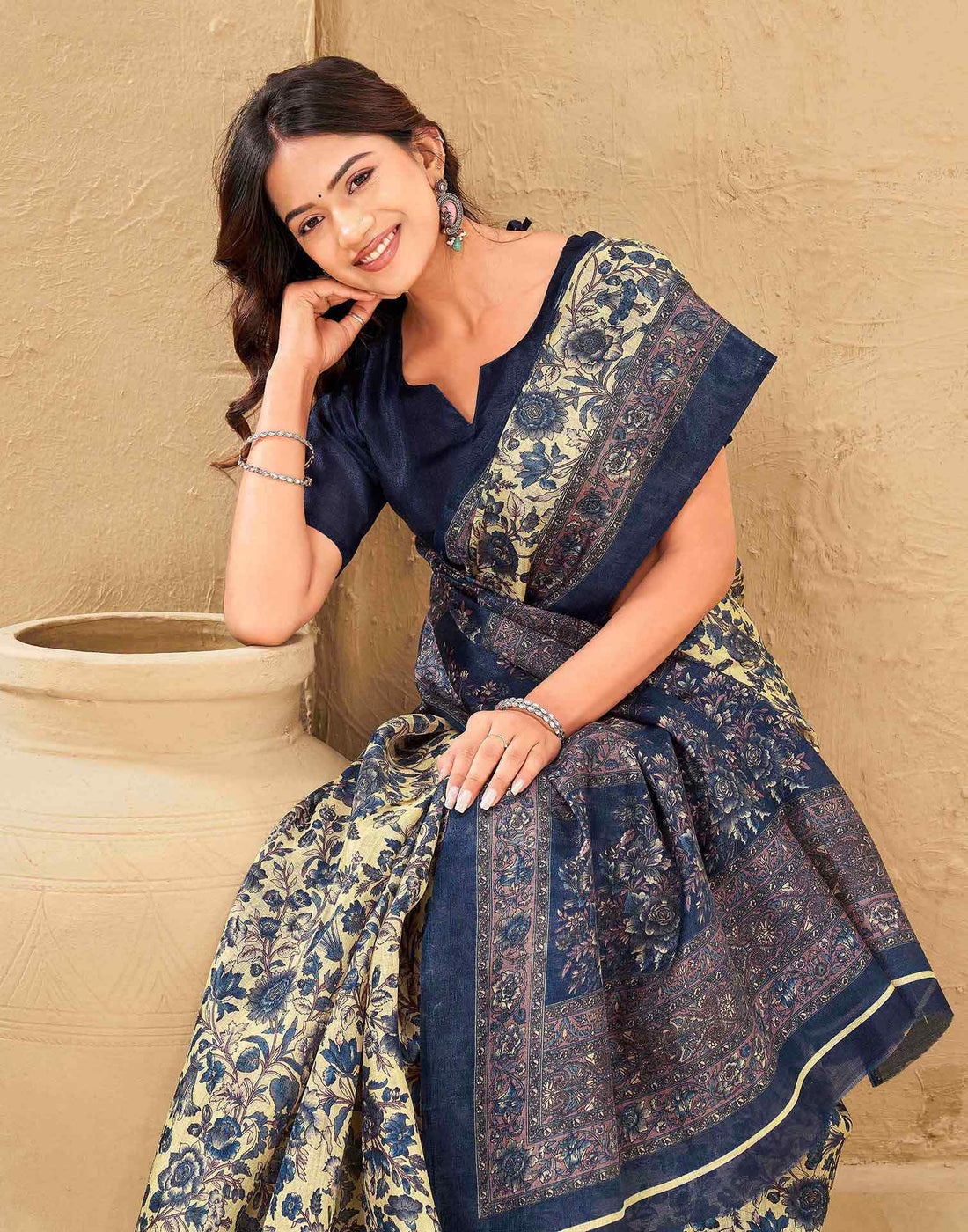 Dark Beige Khadi Floral Printed Saree