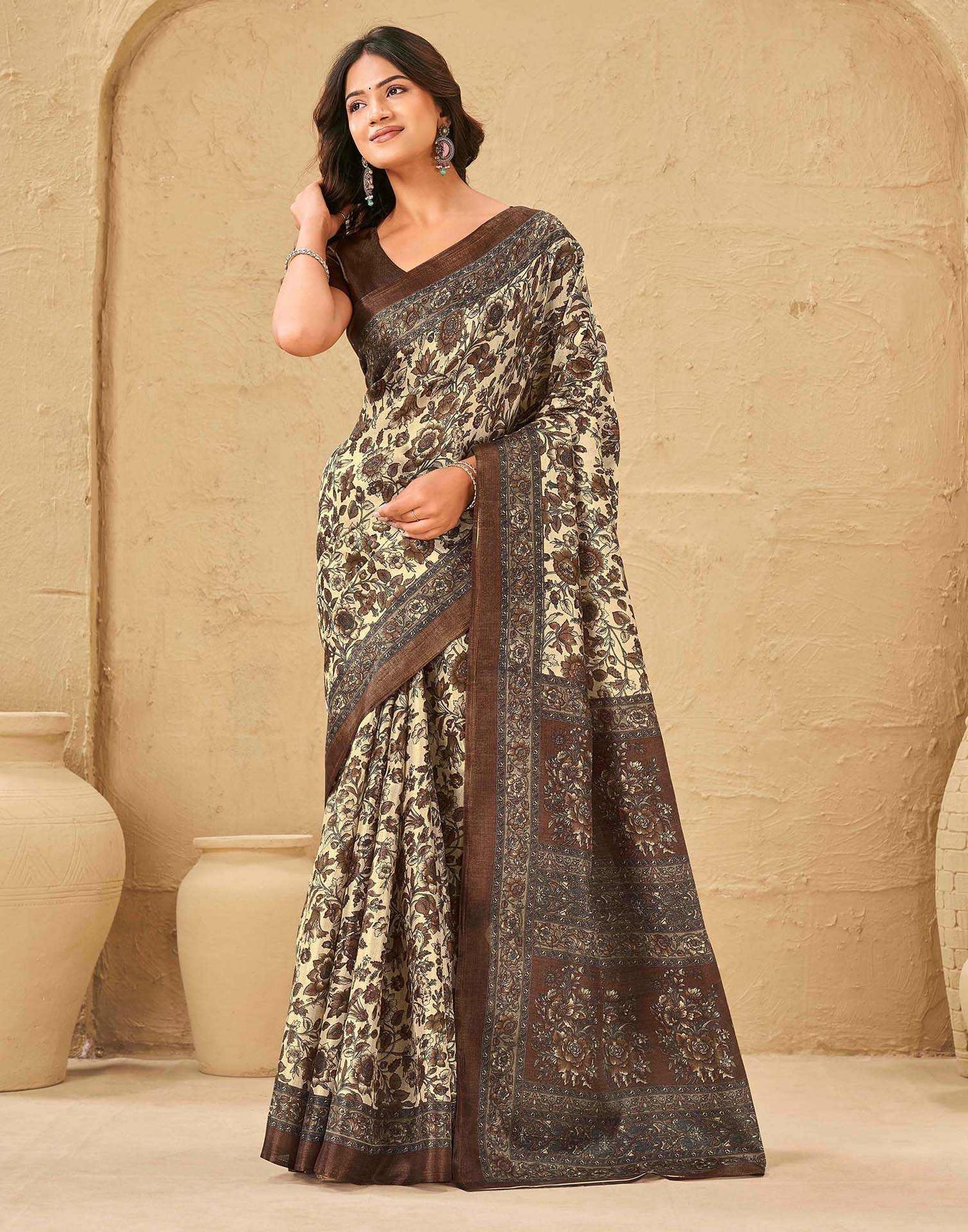Beige Khadi Floral Printed Saree
