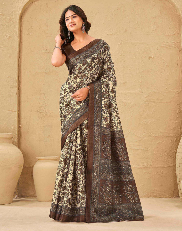 Beige Khadi Floral Printed Saree