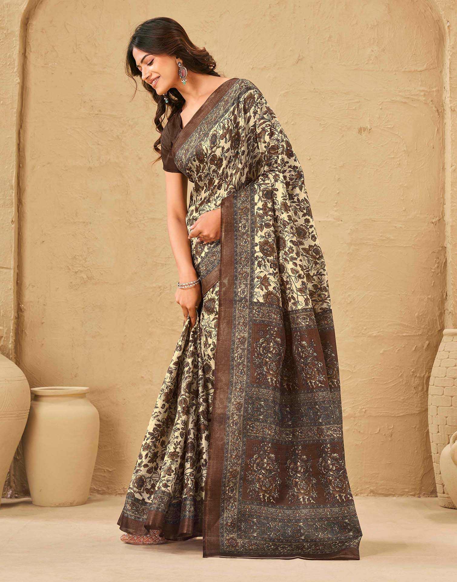 Beige Khadi Floral Printed Saree