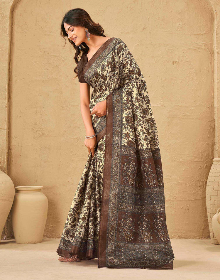 Beige Khadi Floral Printed Saree