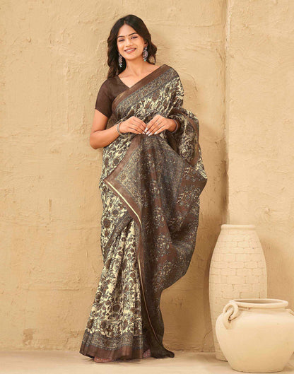 Beige Khadi Floral Printed Saree