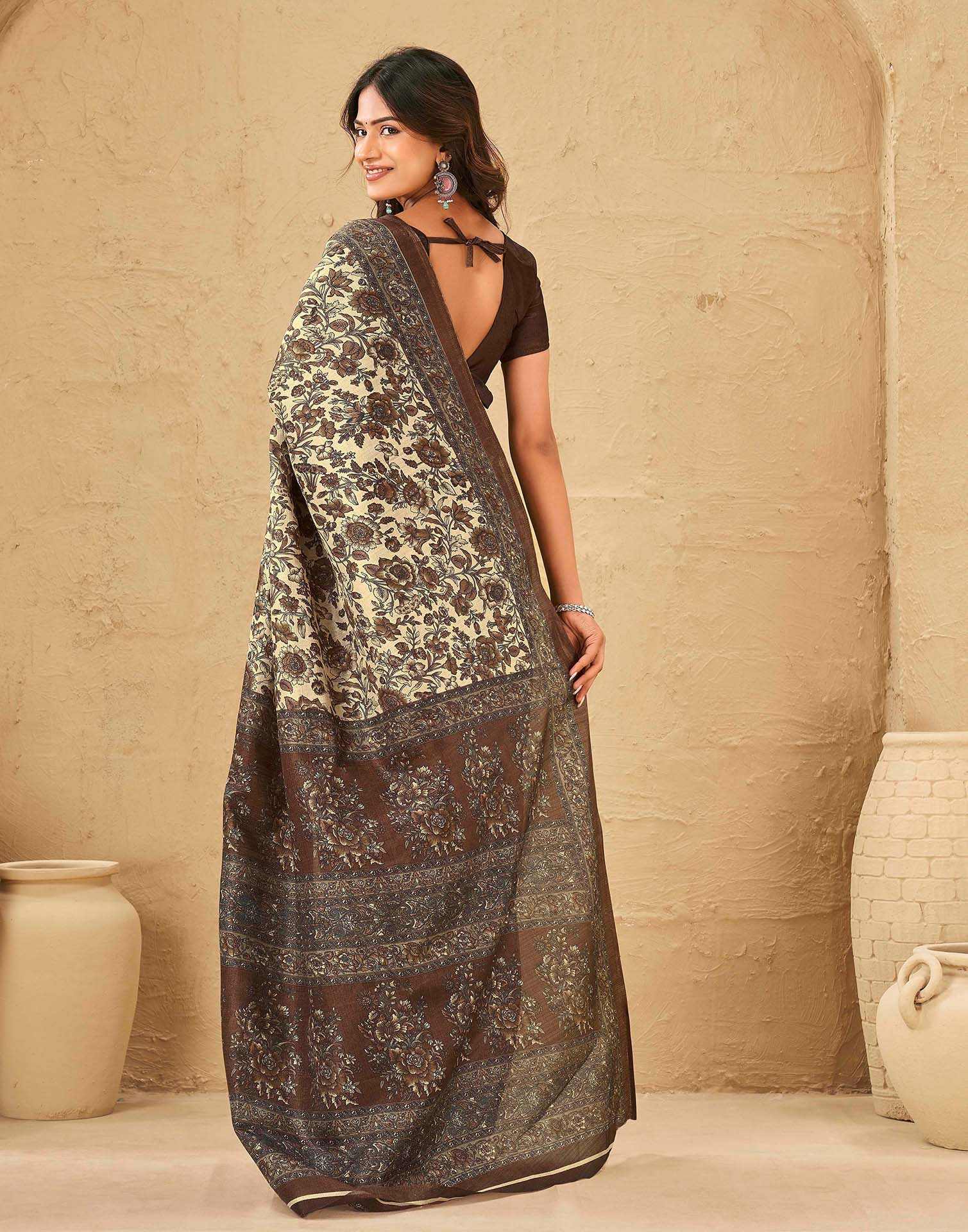 Beige Khadi Floral Printed Saree