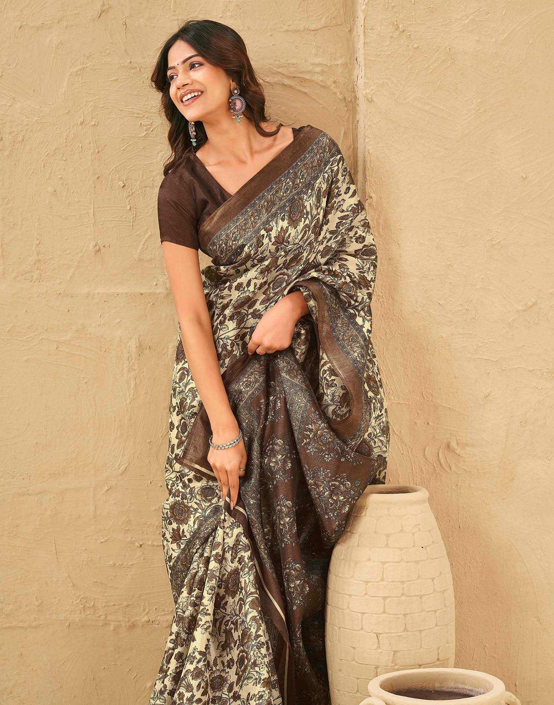 Beige Khadi Floral Printed Saree