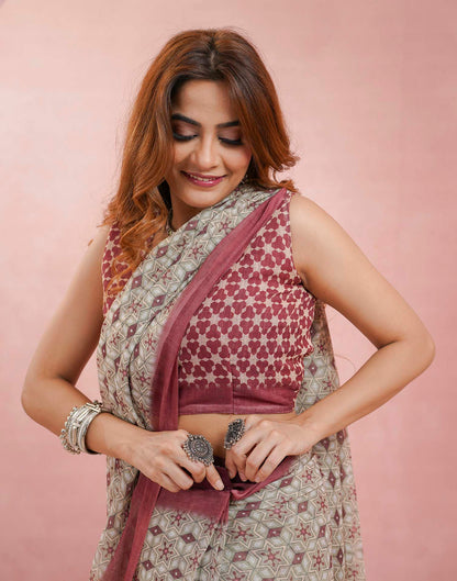 Ready To Wear Beige Linen Printed Saree