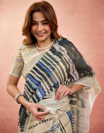 Ready To Wear Cream Linen Printed Saree