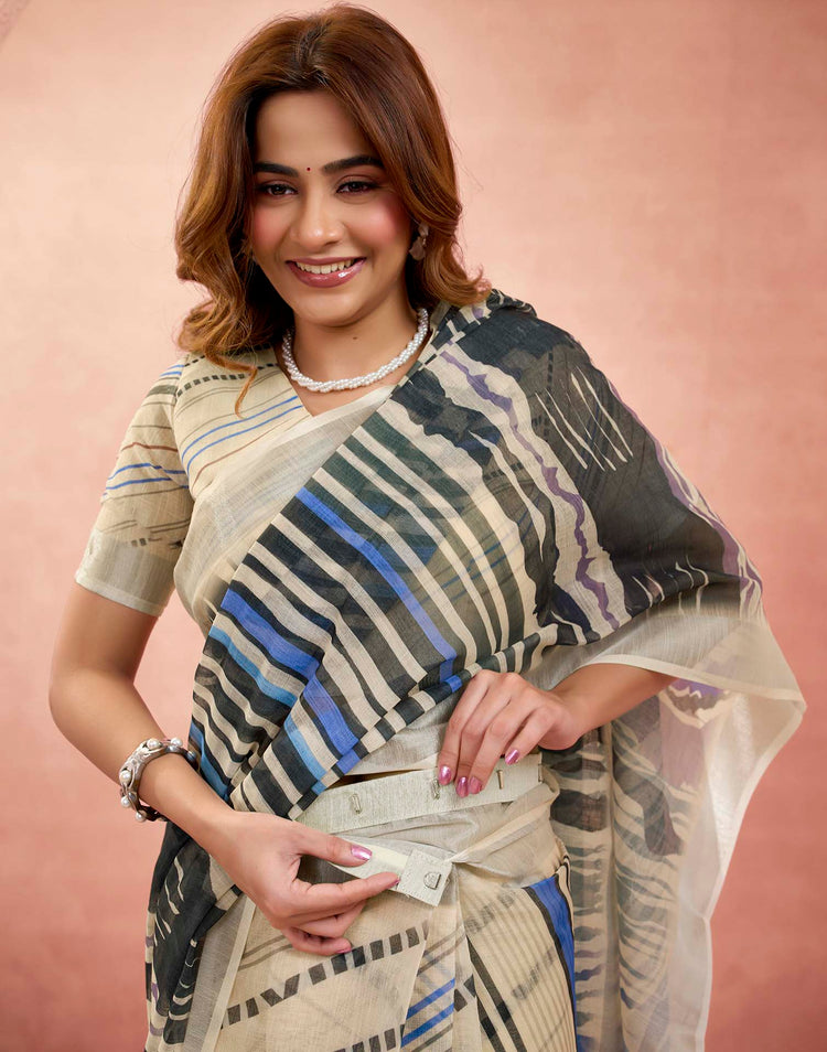 Ready To Wear Cream Linen Printed Saree
