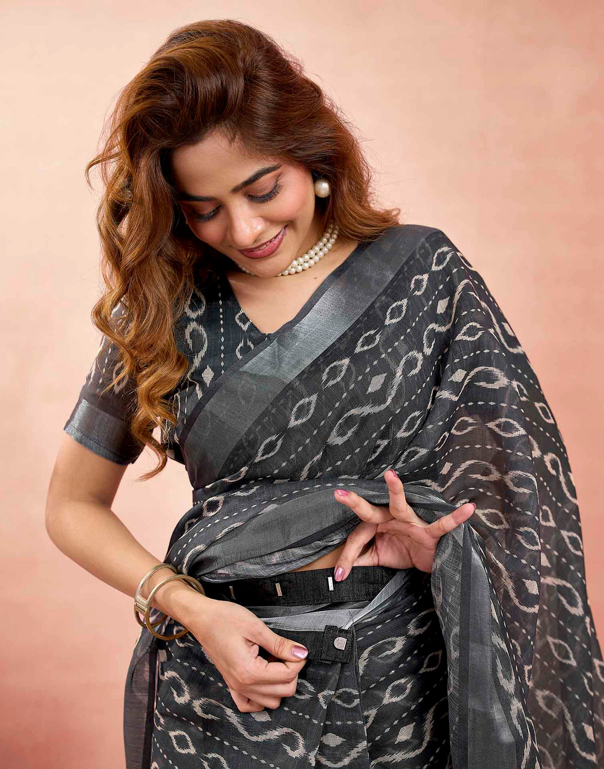 Ready To Wear Grey Linen Printed Saree