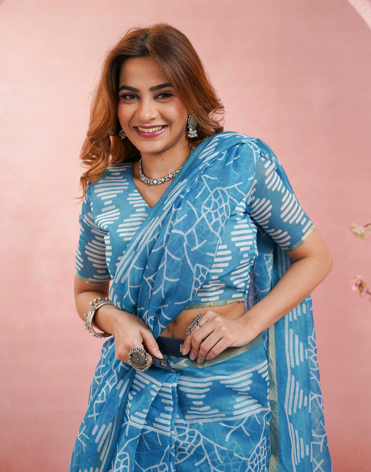 Ready To Wear Sky Blue Linen Printed Saree