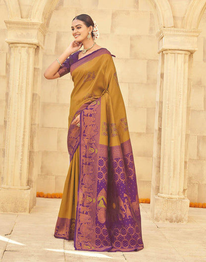 Musterd Yellow Silk Woven Kanjivaram Saree