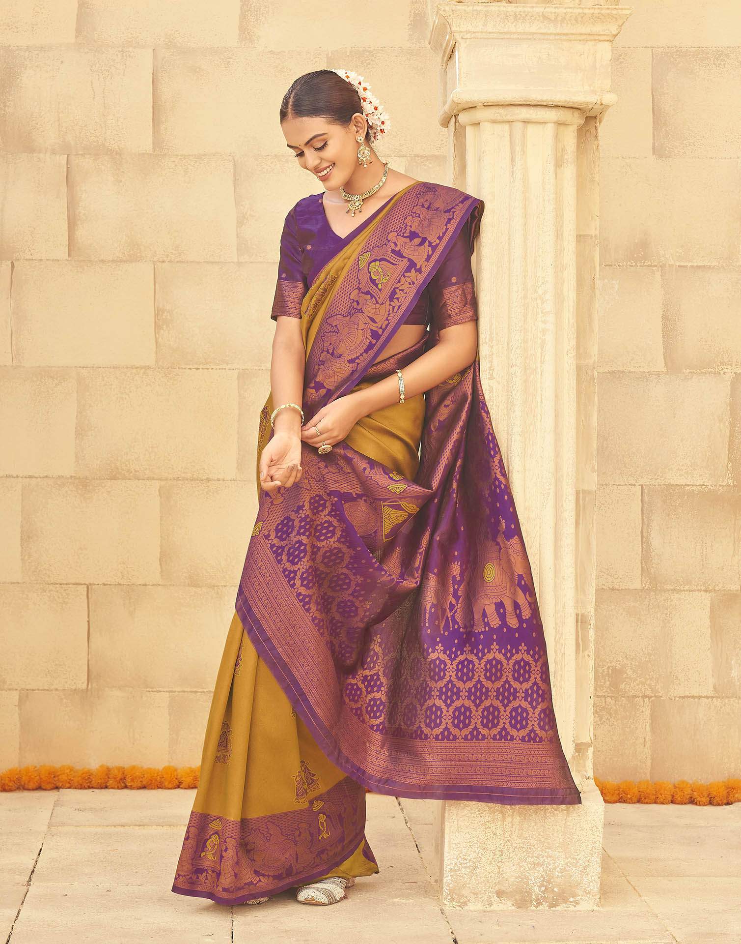 Musterd Yellow Silk Woven Kanjivaram Saree