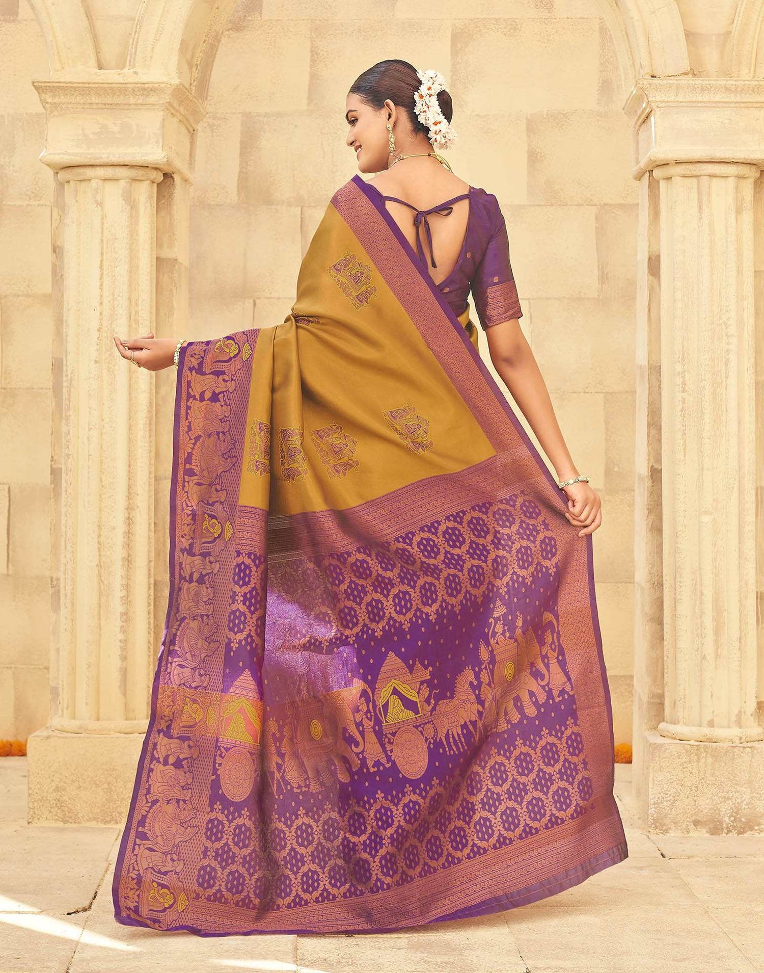 Musterd Yellow Silk Woven Kanjivaram Saree