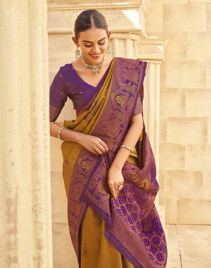 Musterd Yellow Silk Woven Kanjivaram Saree