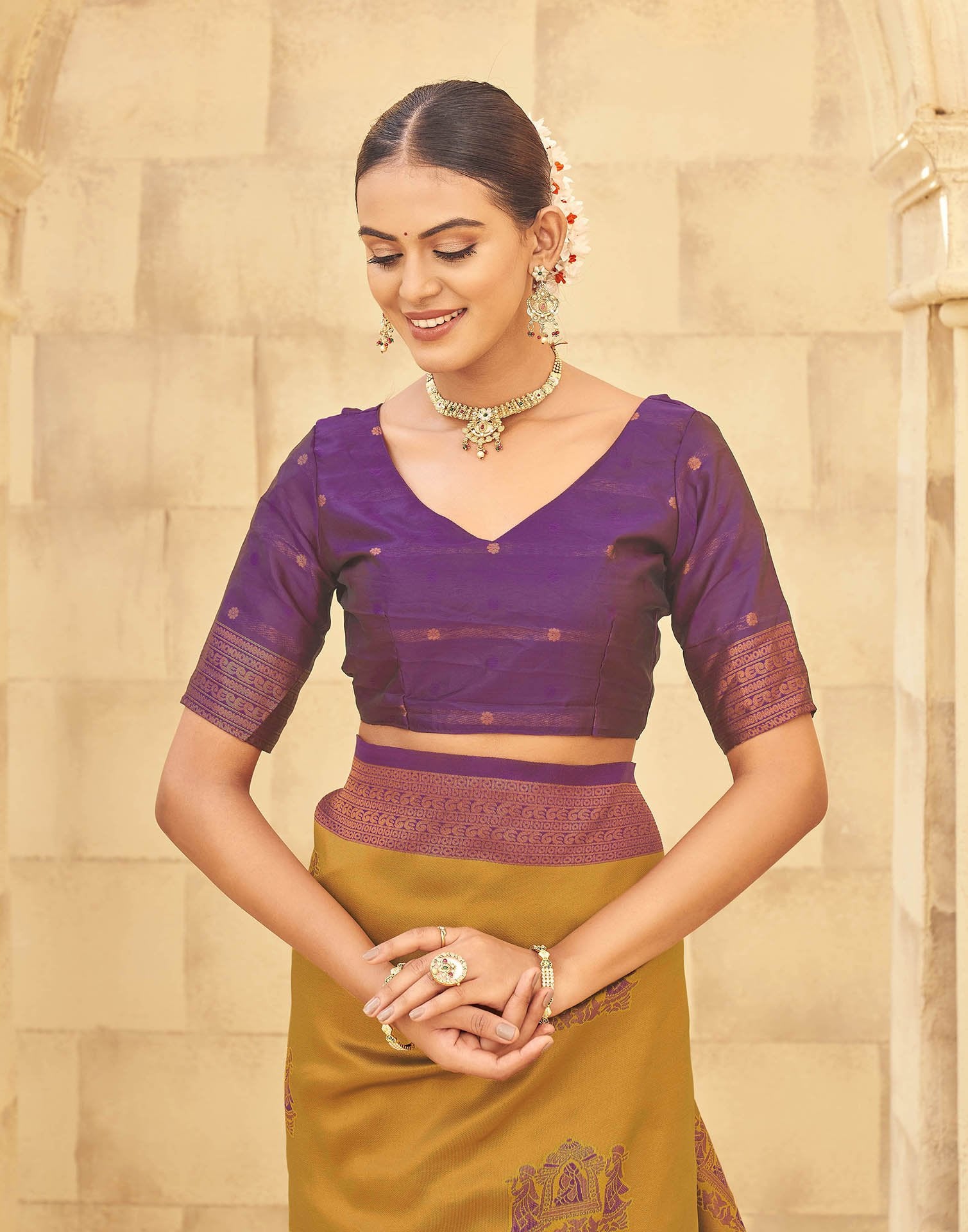 Musterd Yellow Silk Woven Kanjivaram Saree