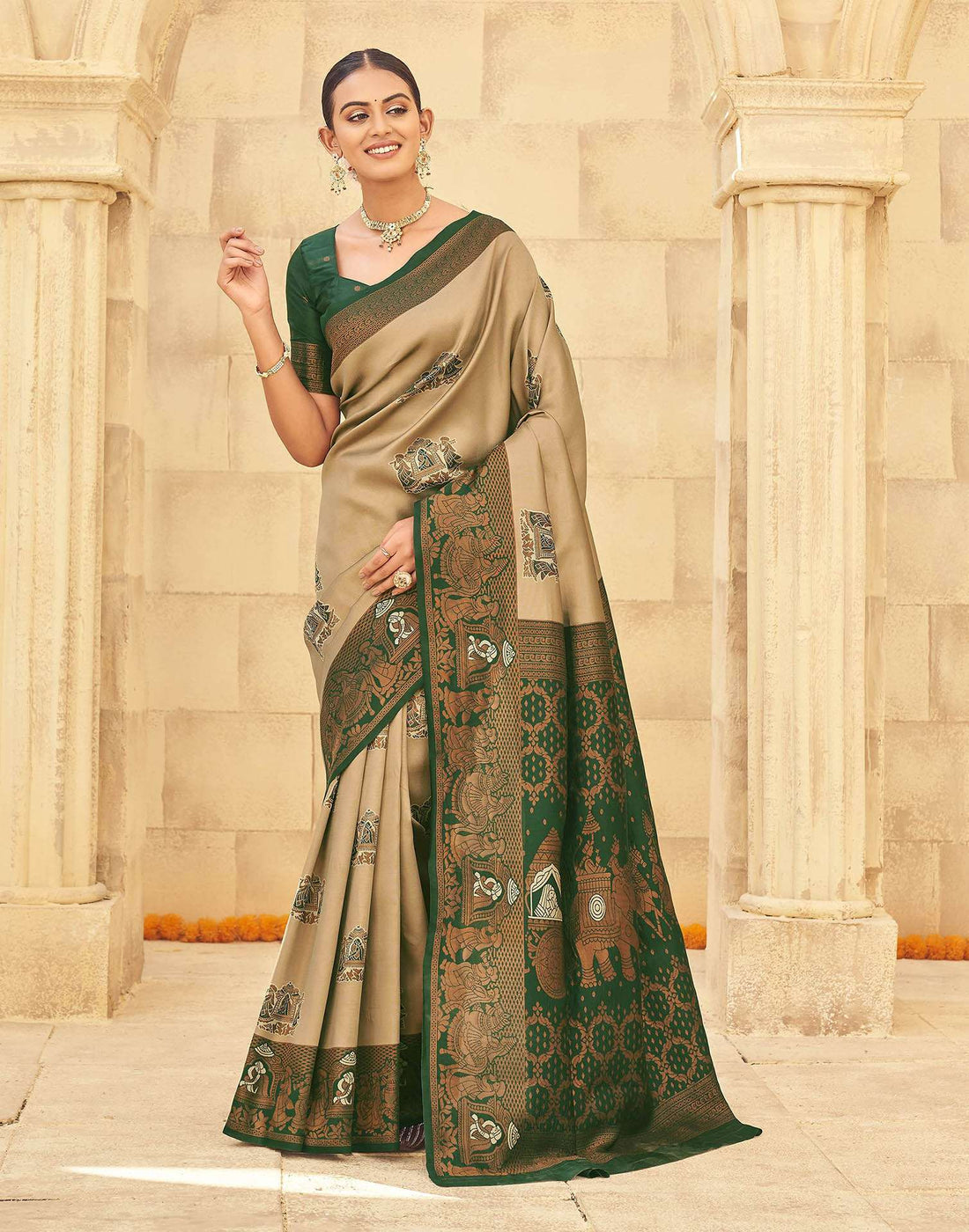 Beige Silk Woven Kanjivaram Saree