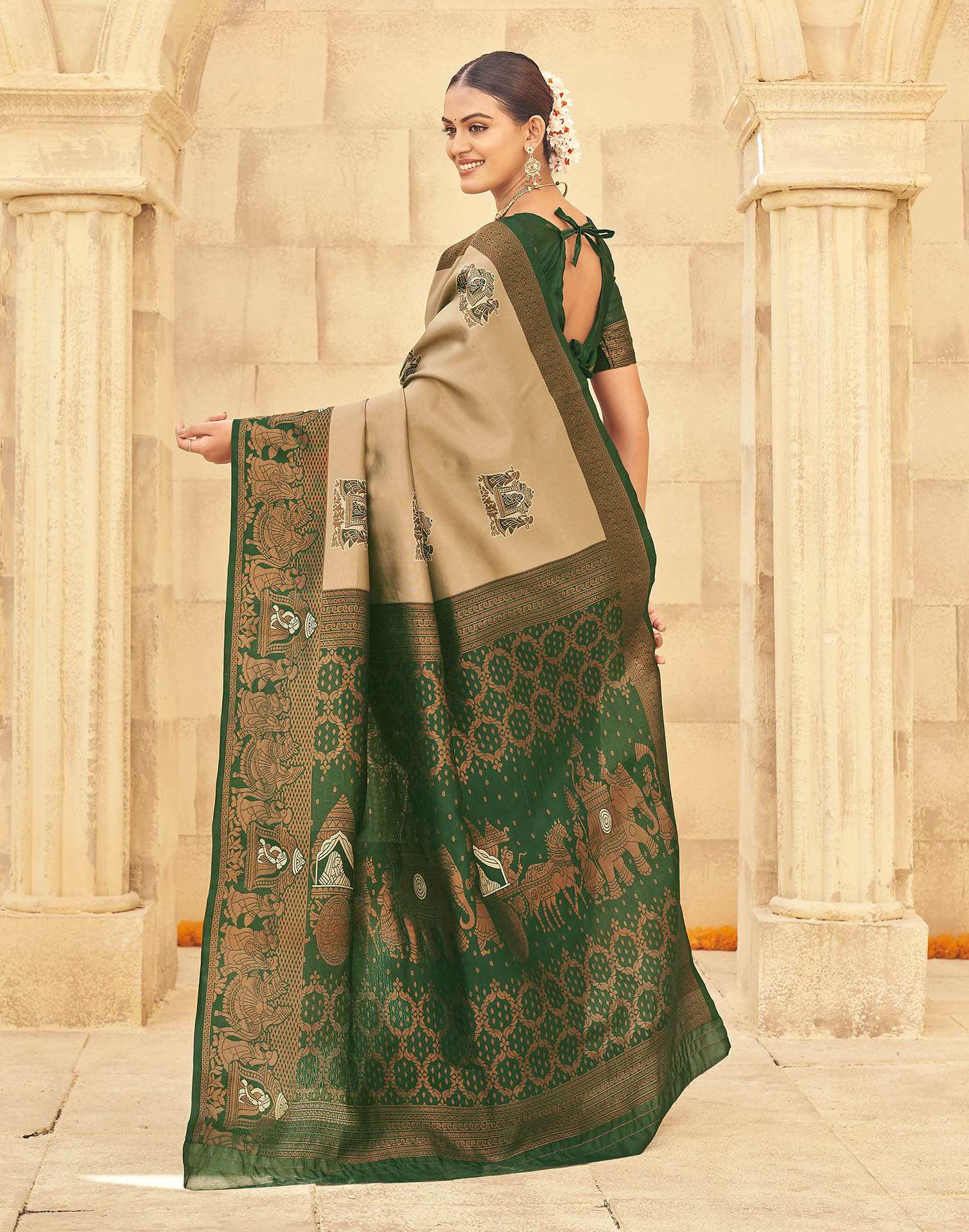 Beige Silk Woven Kanjivaram Saree