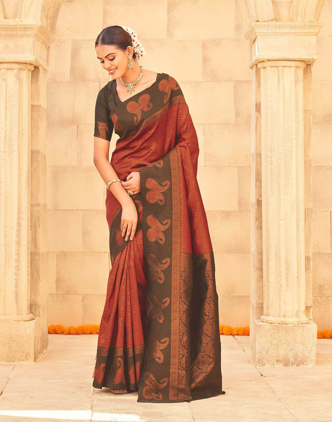 Dark Orange Silk Woven Banarasi Saree