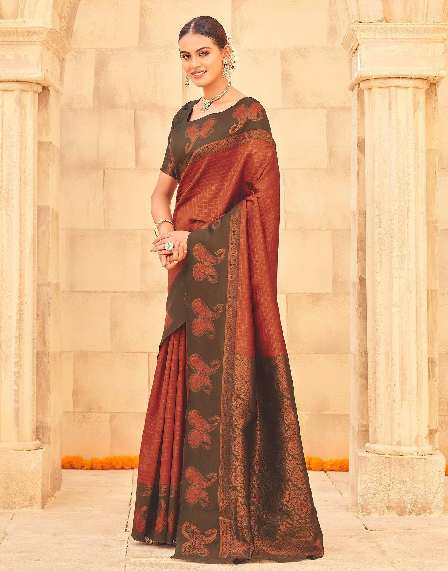 Dark Orange Silk Woven Banarasi Saree