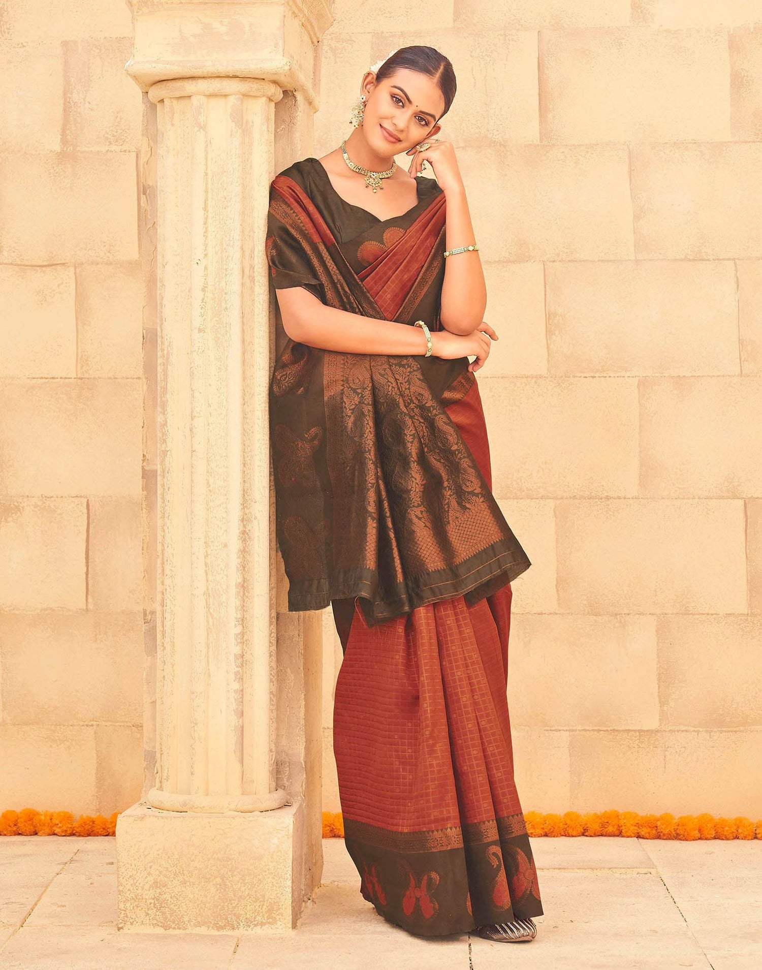 Dark Orange Silk Woven Banarasi Saree