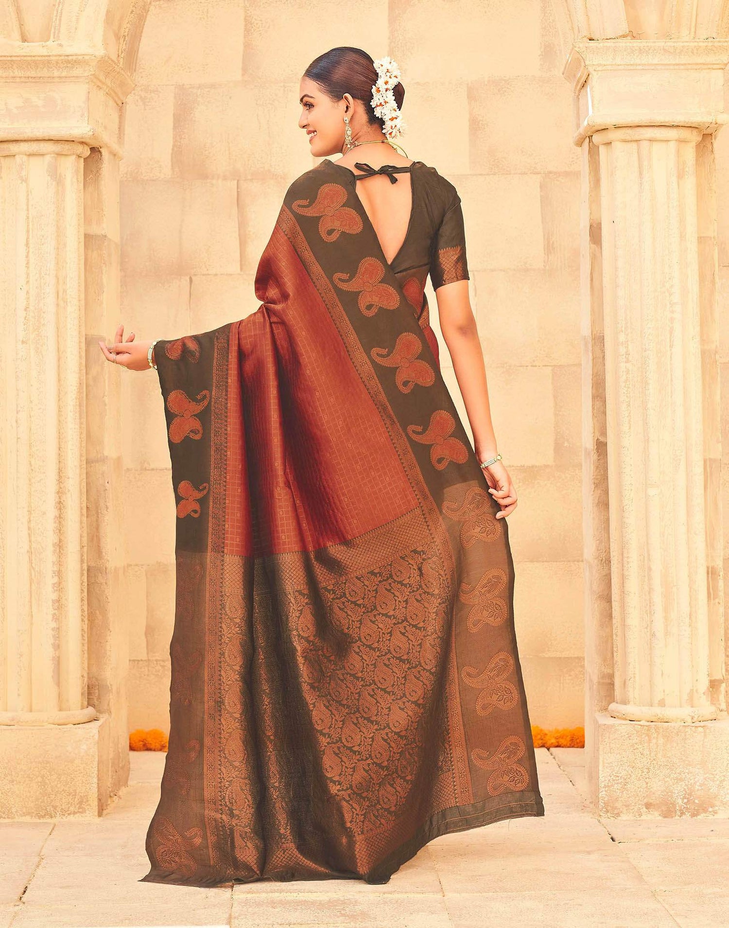 Dark Orange Silk Woven Banarasi Saree