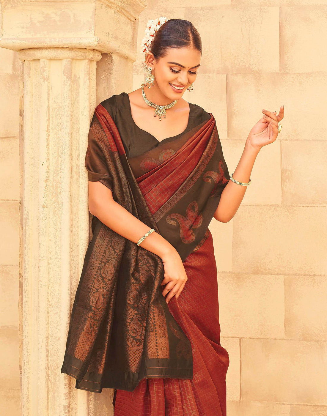 Dark Orange Silk Woven Banarasi Saree