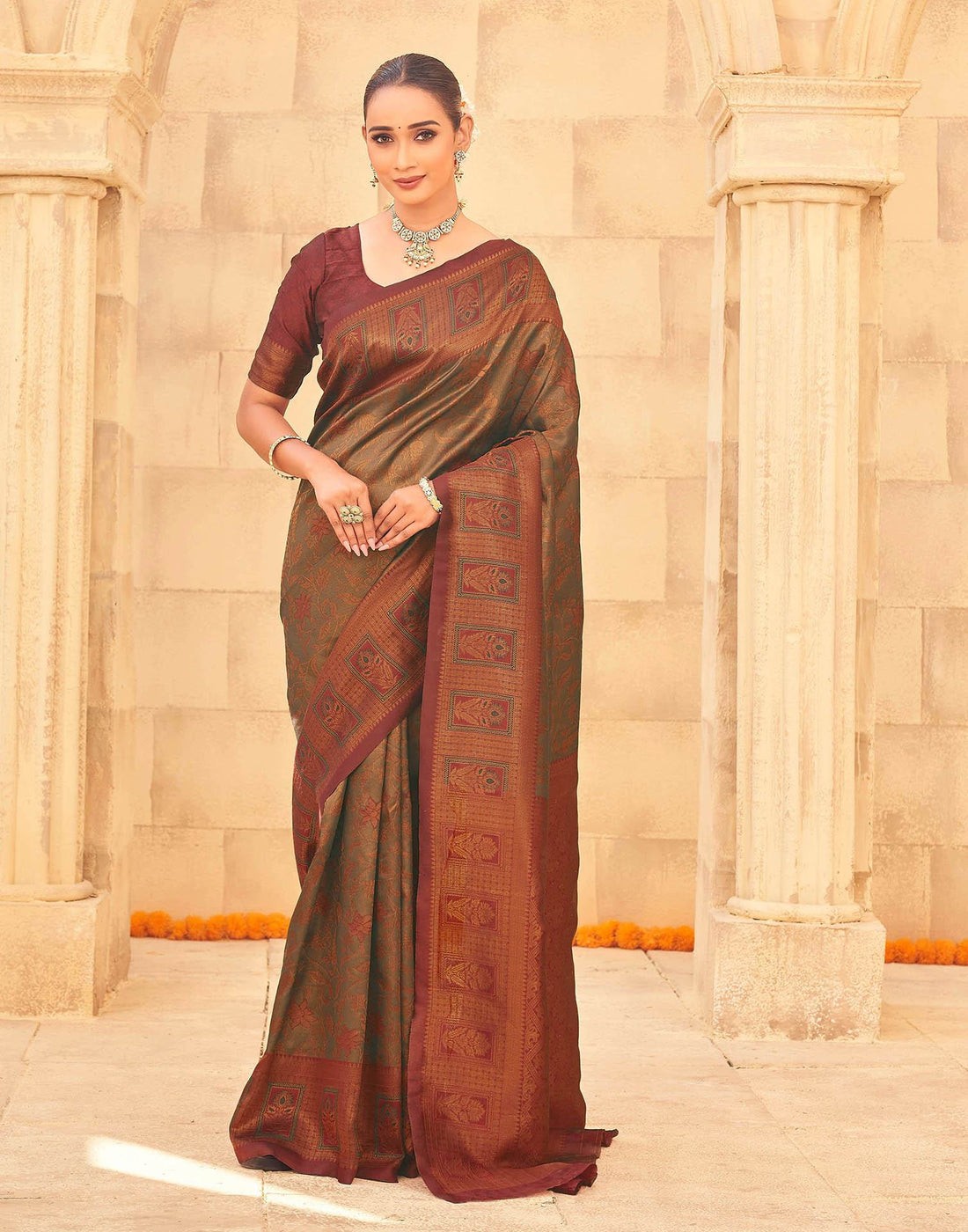 Olive Green Silk Woven Kanjivaram Saree