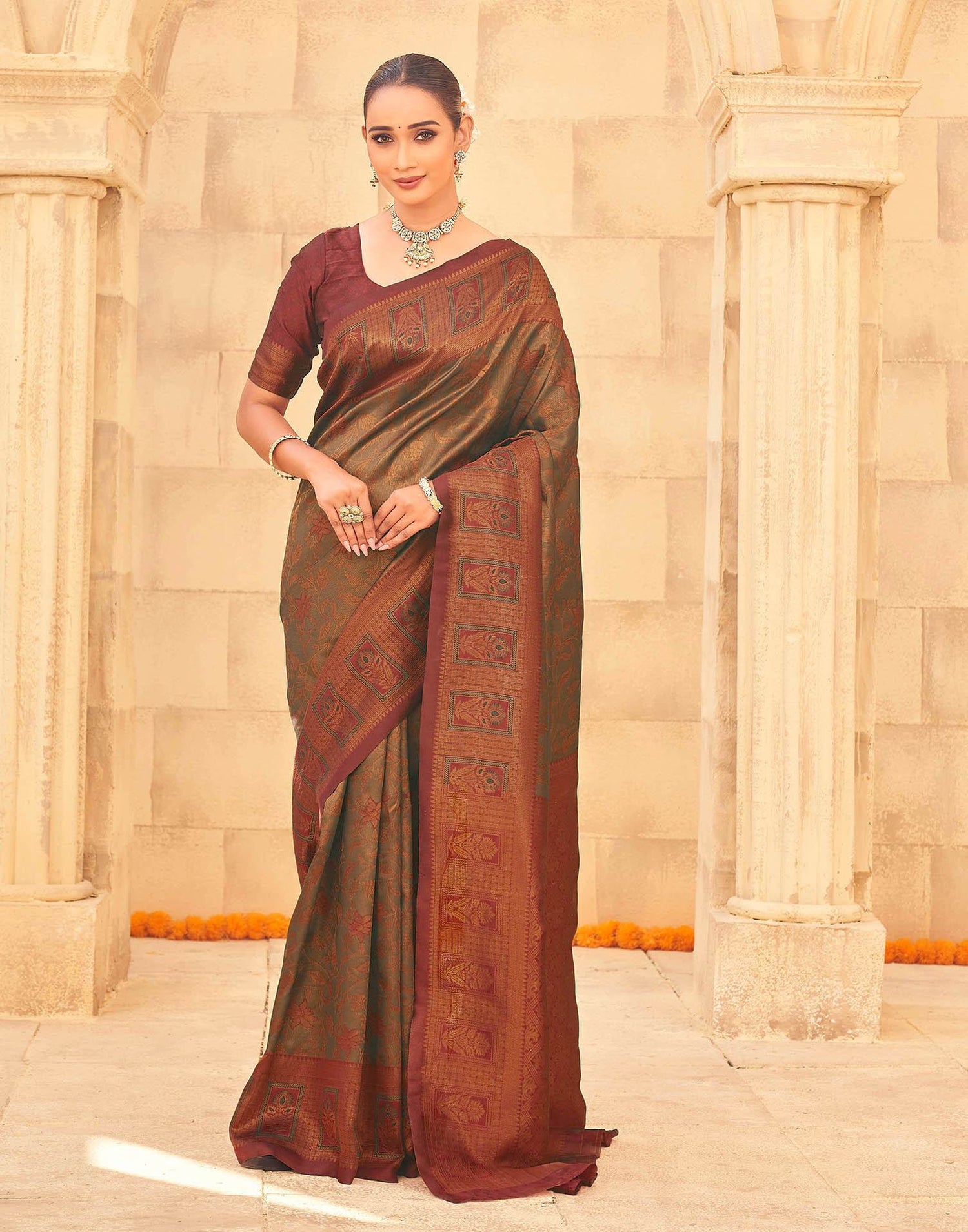 Olive Green Silk Woven Kanjivaram Saree