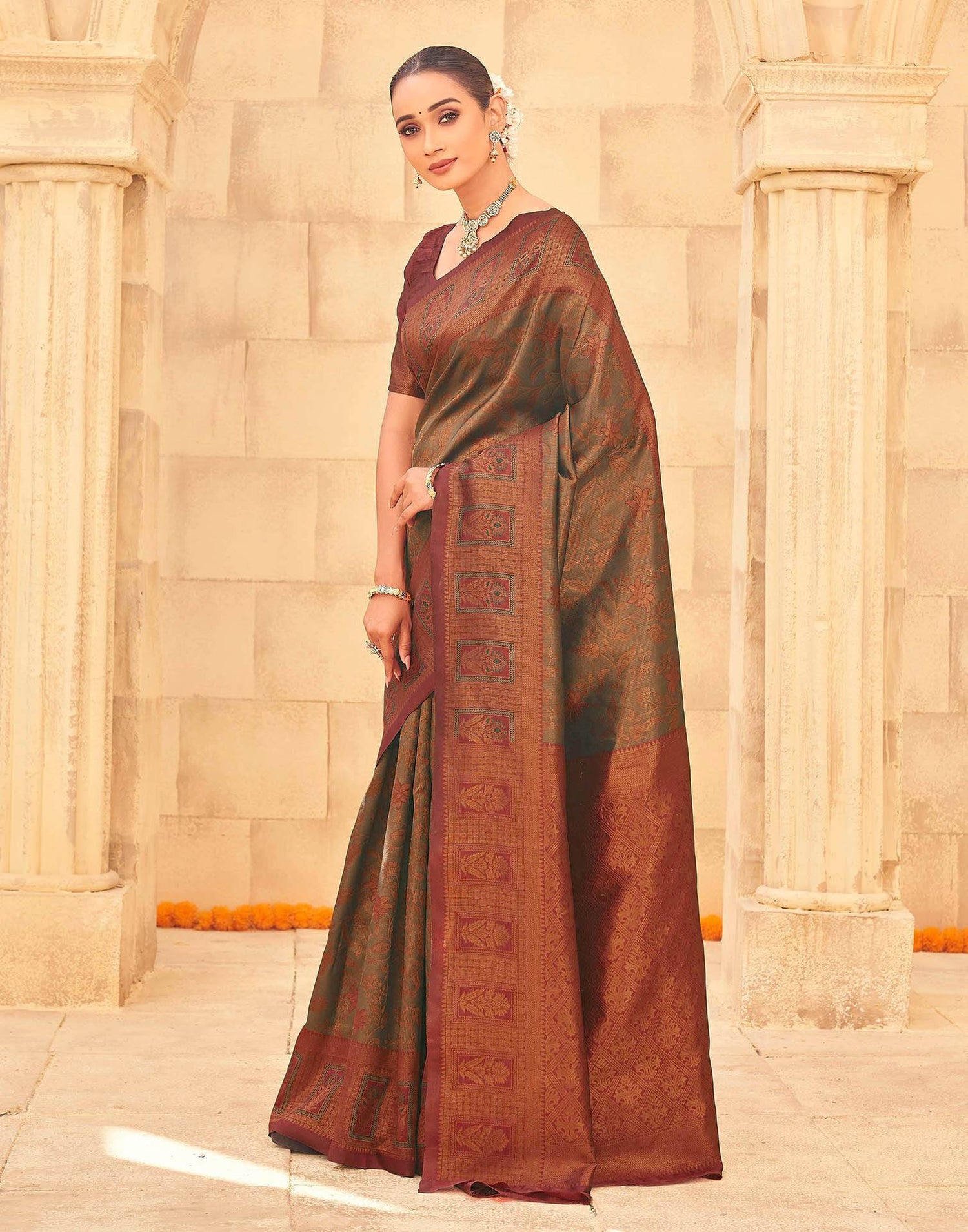 Olive Green Silk Woven Kanjivaram Saree