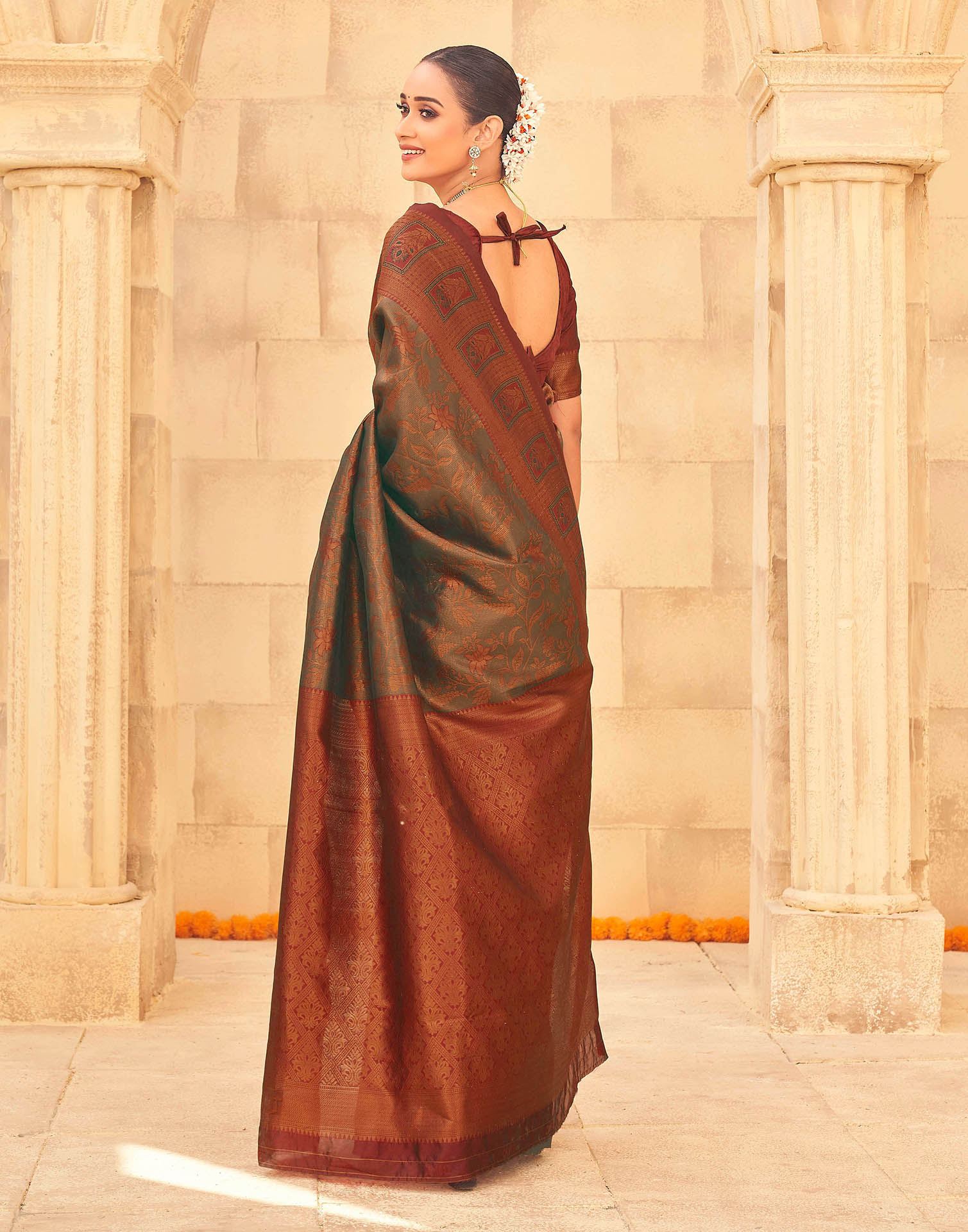 Olive Green Silk Woven Kanjivaram Saree