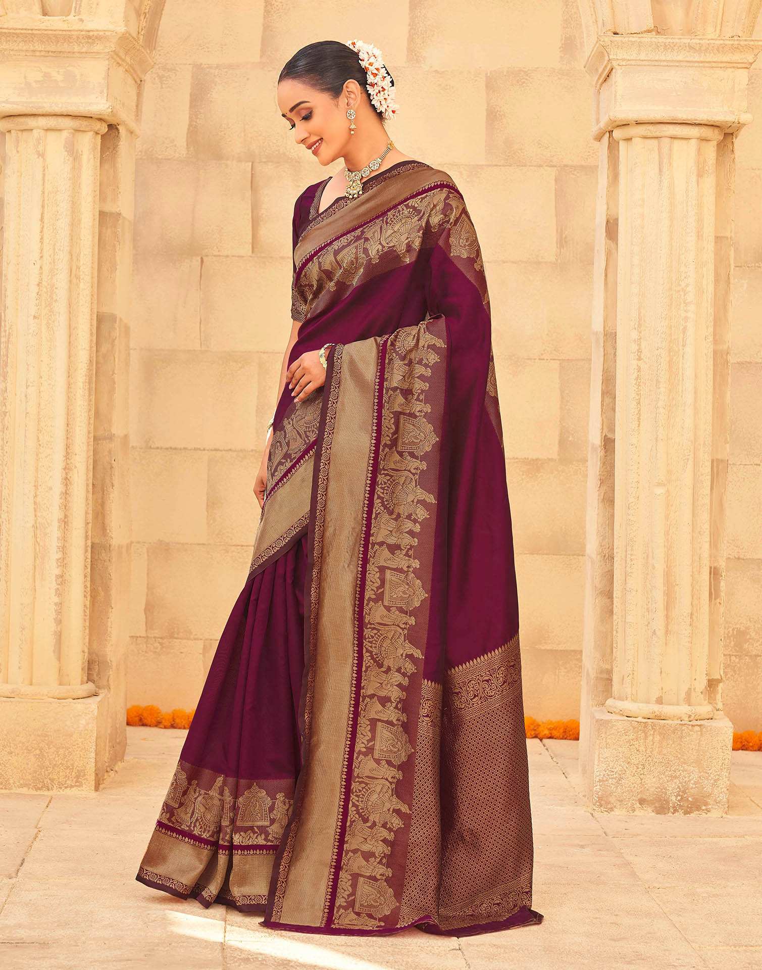 Dark Magenta Silk Woven Kanjivaram Saree