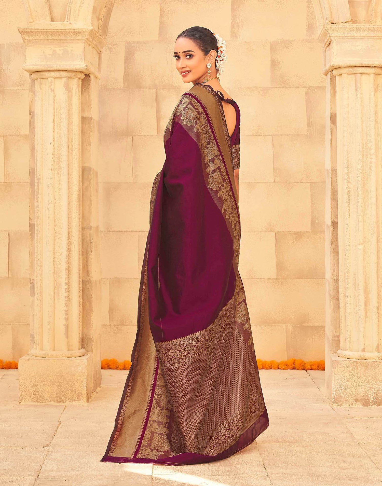 Dark Magenta Silk Woven Kanjivaram Saree