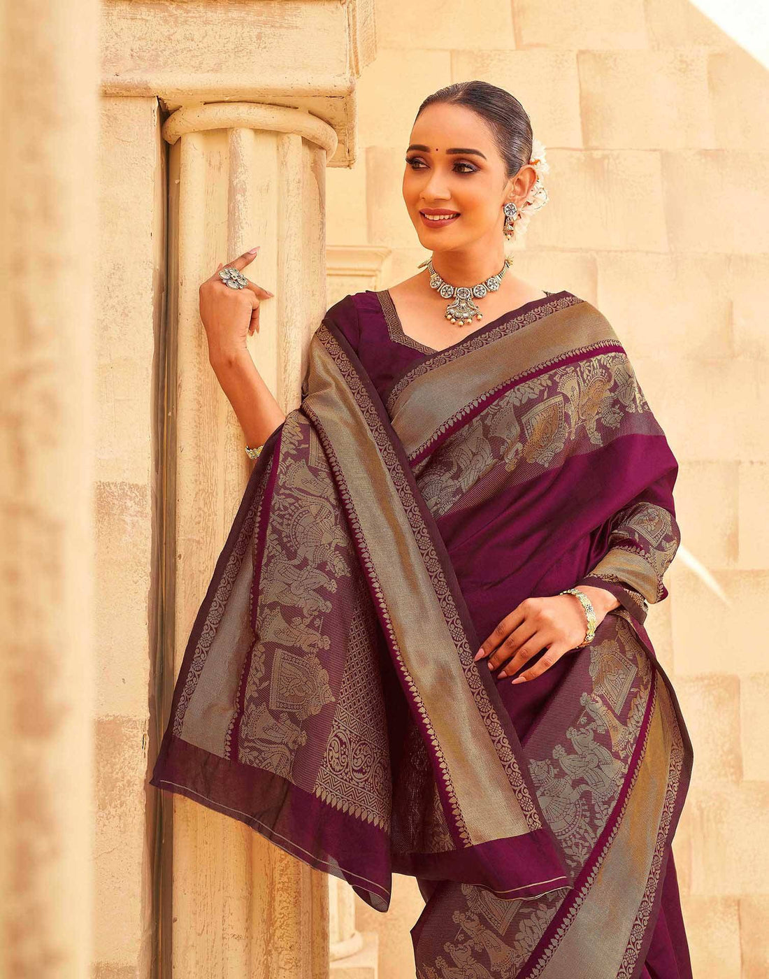 Dark Magenta Silk Woven Kanjivaram Saree