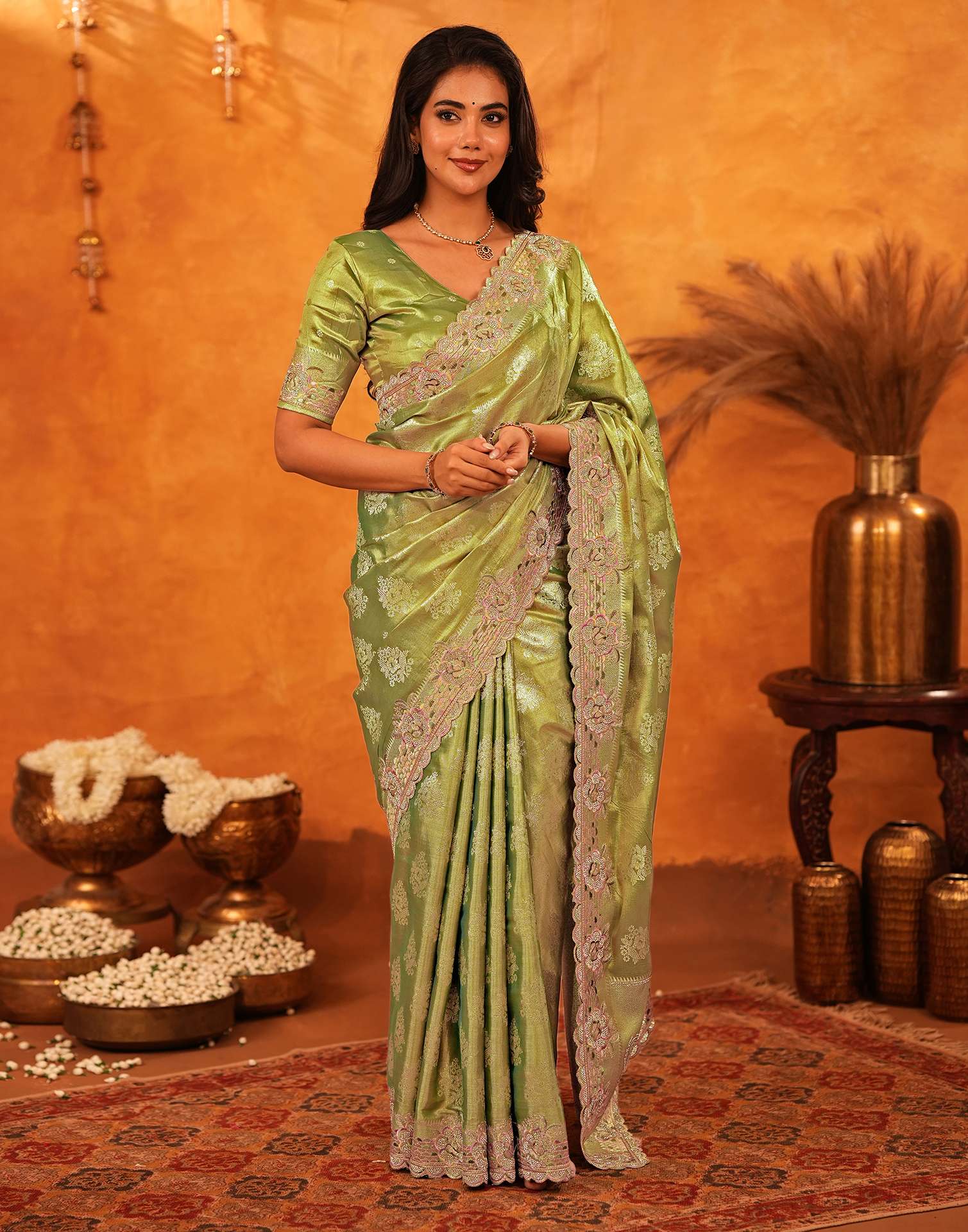 Pista Green Silk Woven Embroidery Stone Work Embellished Saree