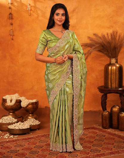 Pista Green Silk Woven Embroidery Stone Work Embellished Saree
