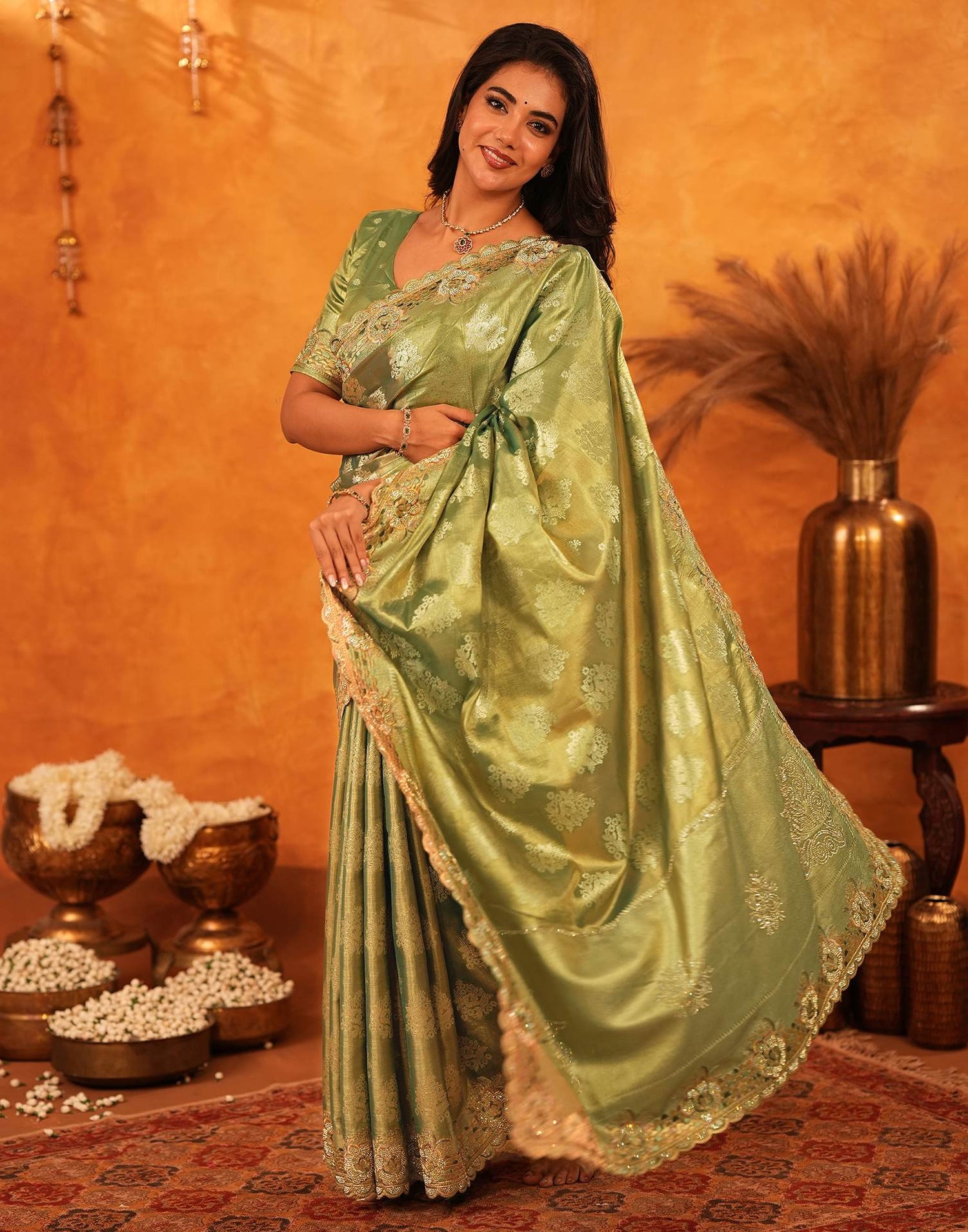 Pista Green Silk Woven Embroidery Stone Work Embellished Saree