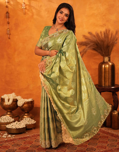 Pista Green Silk Woven Embroidery Stone Work Embellished Saree