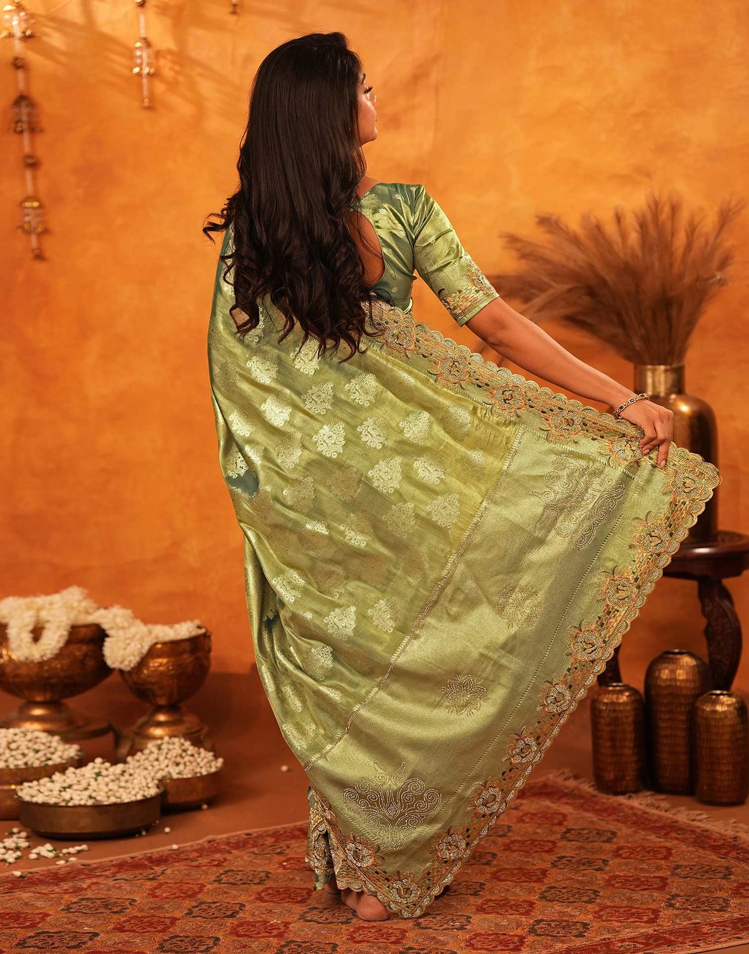 Pista Green Silk Woven Embroidery Stone Work Embellished Saree