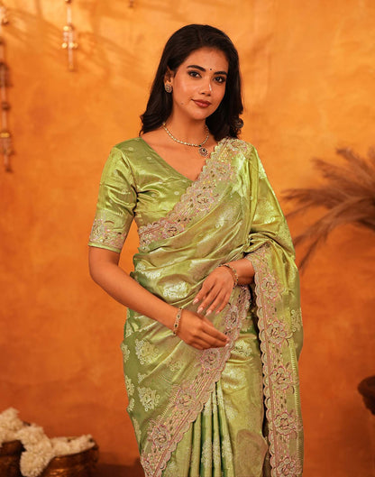 Pista Green Silk Woven Embroidery Stone Work Embellished Saree