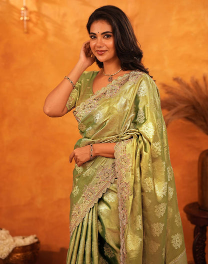 Pista Green Silk Woven Embroidery Stone Work Embellished Saree
