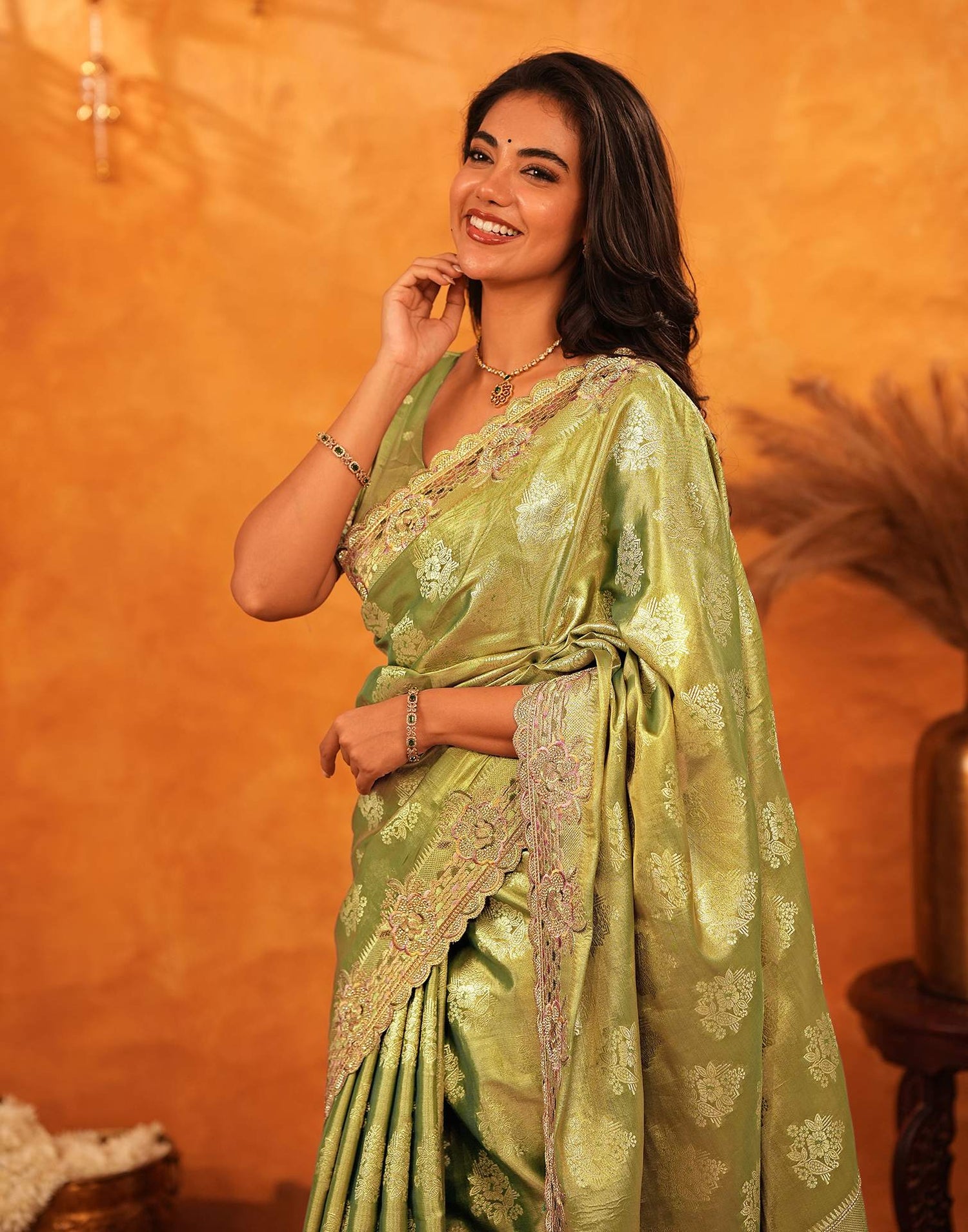 Pista Green Silk Woven Embroidery Stone Work Embellished Saree