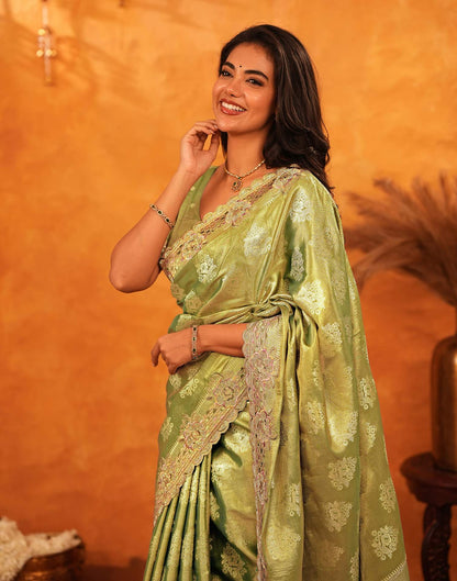 Pista Green Silk Woven Embroidery Stone Work Embellished Saree