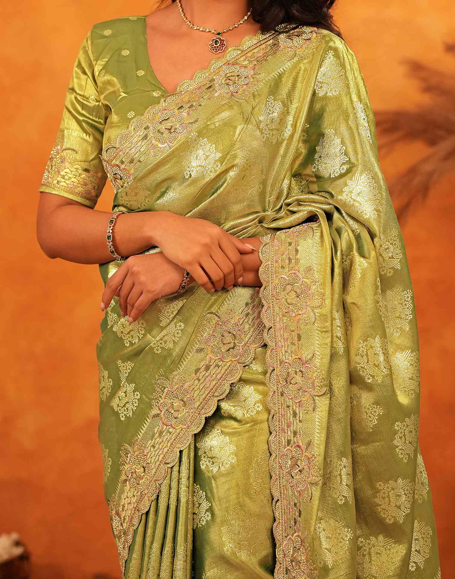 Pista Green Silk Woven Embroidery Stone Work Embellished Saree