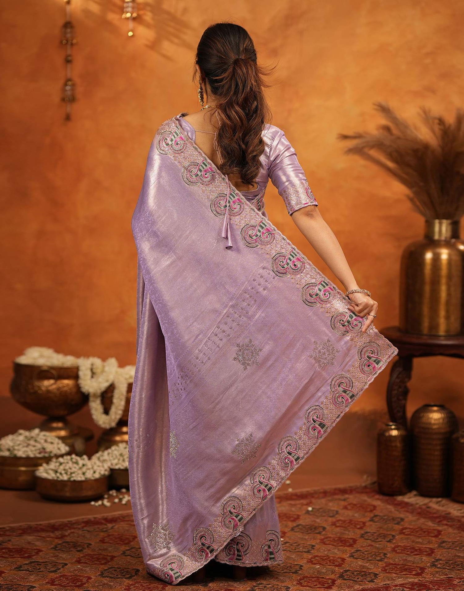 Lavender Silk Woven Embroidery Stone Work Embellished Saree